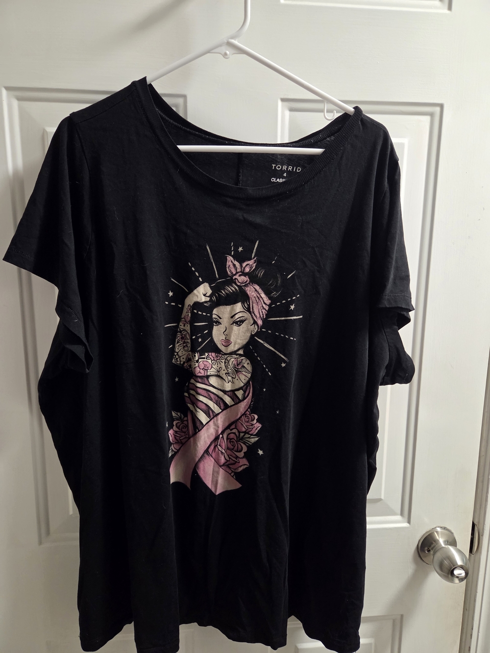 Torrid Black Short-Sleeve Tee with Pink Pin-Up Ribbon Graphic